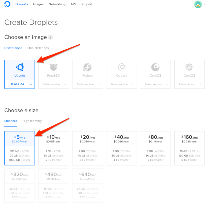 Digital Ocean create droplet select OS and size