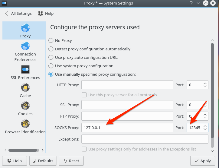KDE network proxy settings